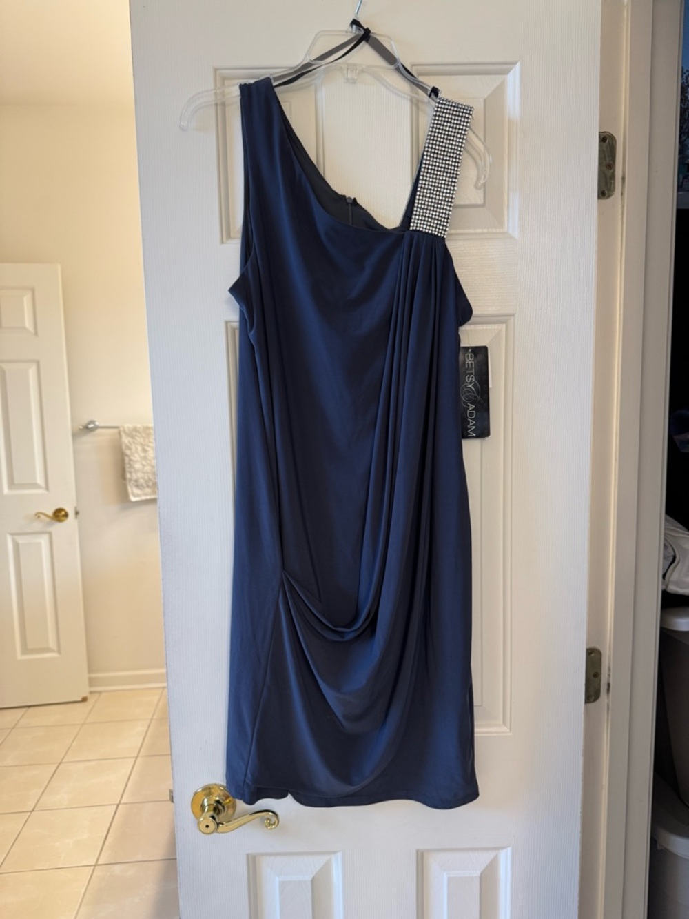 Betsy & Adam Charcoal Gray One-Shoulder Dress with Embellished Strap